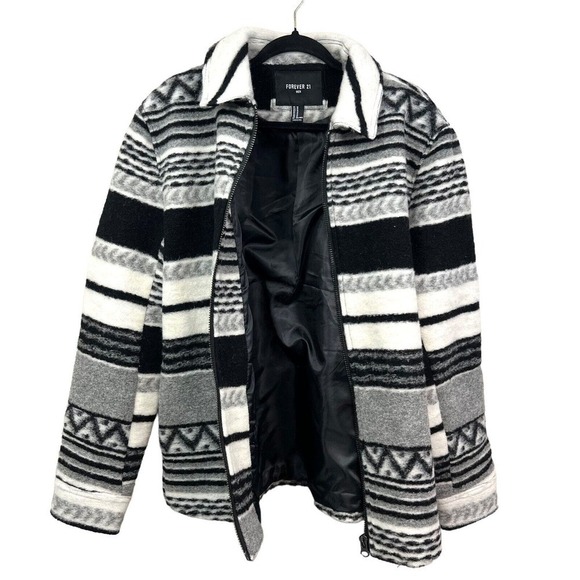 Forever 21 Jacket Coat Wool Blend Full Zip Lined SIde Pockets Geo Print Men Sz M - Picture 3 of 7